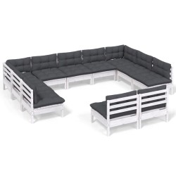 vidaXL Muebles de jardín 11 pzas y cojines blanco madera maciza pino
