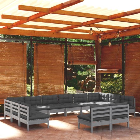 vidaXL Muebles de jardín 12 pzas y cojines madera maciza de pino gris