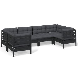 vidaXL Muebles de jardín 6 pzas con cojines negro madera de pino