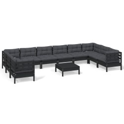 vidaXL Muebles de jardín 11 pzas con cojines negro madera de pino