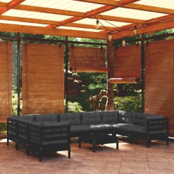 vidaXL Muebles de jardín 10 pzas con cojines negro madera de pino