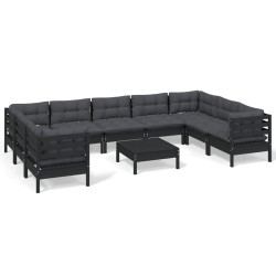 vidaXL Muebles de jardín 10 pzas con cojines negro madera de pino