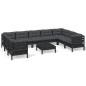 vidaXL Muebles de jardín 10 pzas con cojines negro madera de pino