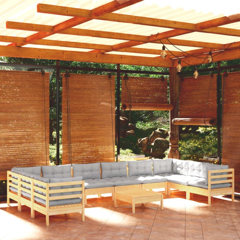 vidaXL Juego de muebles de jardín 11 pzas y cojines madera pino gris vidaXL Juego de muebles de jardín 11 pzas y cojines madera pino gris