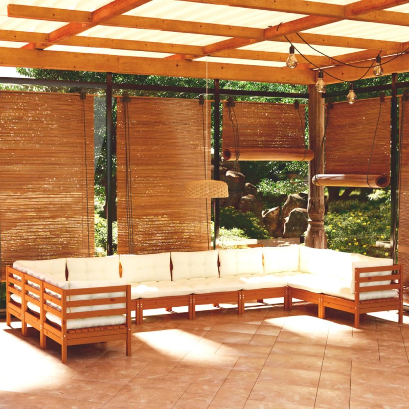 vidaXL Muebles de jardín 10 pzas y cojines madera de pino marrón miel