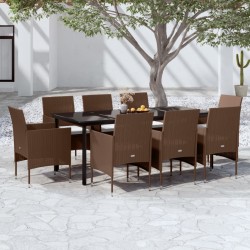vidaXL Juego de comedor para jardín 9 piezas y cojines marrón y negro