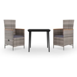 vidaXL Juego de comedor de jardín 3 piezas con cojines gris