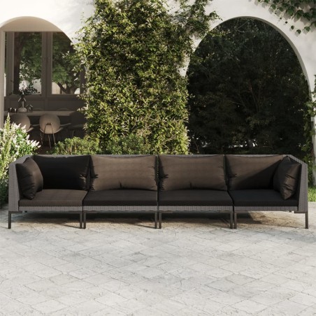 vidaXL Sofás de jardín 4 piezas y cojines ratán sintético gris oscuro