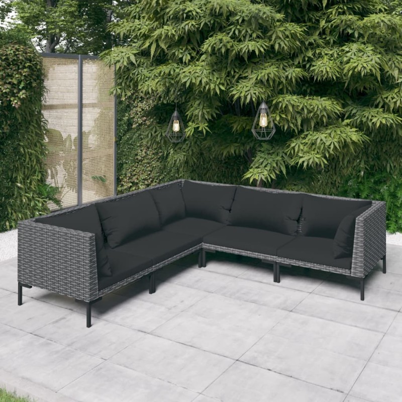 vidaXL Sofás de jardín 5 pzas y cojines ratán sintético gris oscuro vidaXL Sofás de jardín 5 pzas y cojines ratán sintético gris oscuro