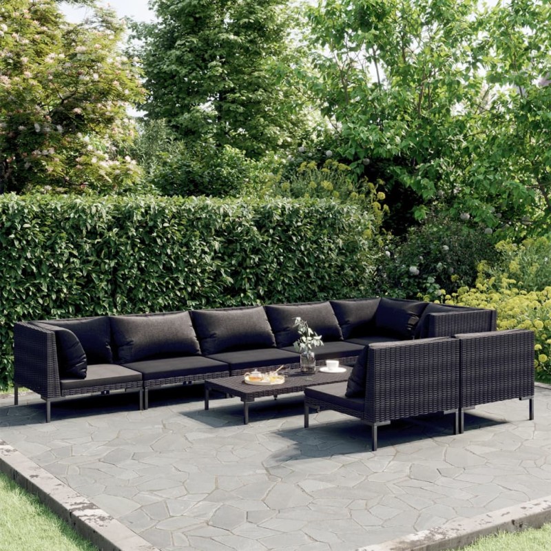 vidaXL Sofás de jardín 9 pzas y cojines ratán sintético gris oscuro vidaXL Sofás de jardín 9 pzas y cojines ratán sintético gris oscuro
