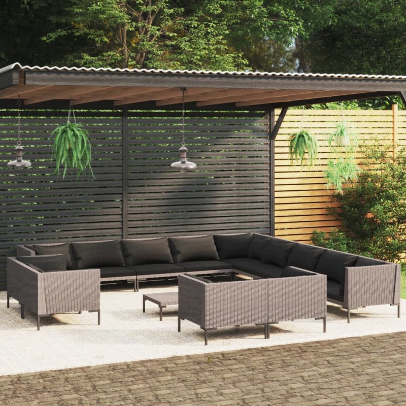 vidaXL Muebles de jardín 14 pzas y cojines ratán sintético gris oscuro vidaXL Muebles de jardín 14 pzas y cojines ratán sintético gris oscuro