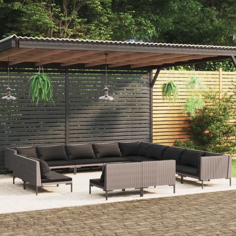 vidaXL Muebles de jardín 13 pzas y cojines ratán sintético gris oscuro