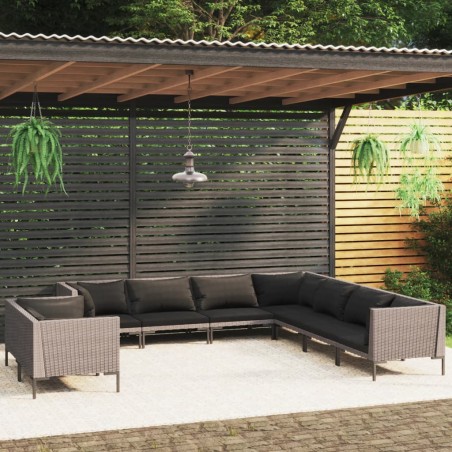 vidaXL Sofás de jardín 9 pzas y cojines ratán sintético gris oscuro