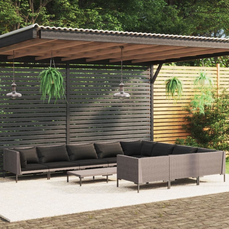 vidaXL Sofás de jardín 11 pzas y cojines ratán sintético gris oscuro