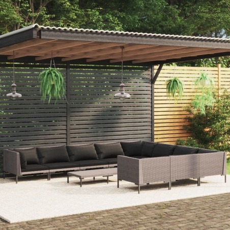 vidaXL Sofás de jardín 11 pzas y cojines ratán sintético gris oscuro