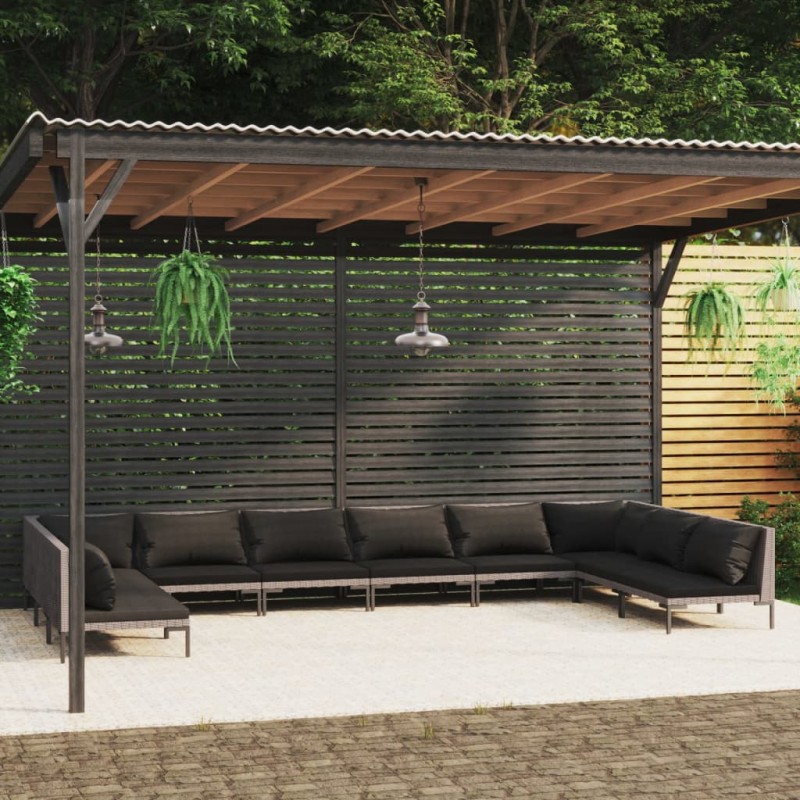 vidaXL Muebles de jardín 10 pzas y cojines ratán sintético gris oscuro vidaXL Muebles de jardín 10 pzas y cojines ratán sintético gris oscuro