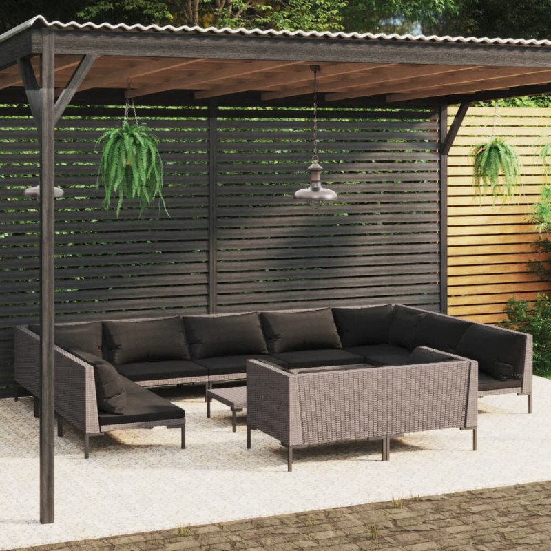vidaXL Sofás de jardín 12 pzas cojines ratán sintético gris oscuro vidaXL Sofás de jardín 12 pzas cojines ratán sintético gris oscuro