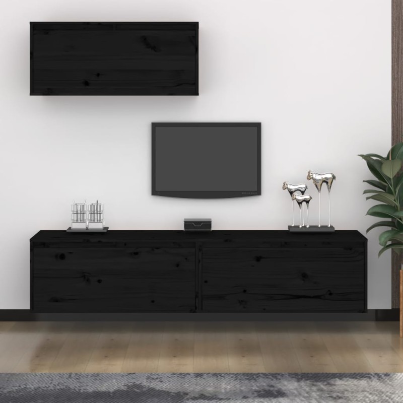 vidaXL Muebles para TV 3 piezas madera maciza de pino negro vidaXL Muebles para TV 3 piezas madera maciza de pino negro