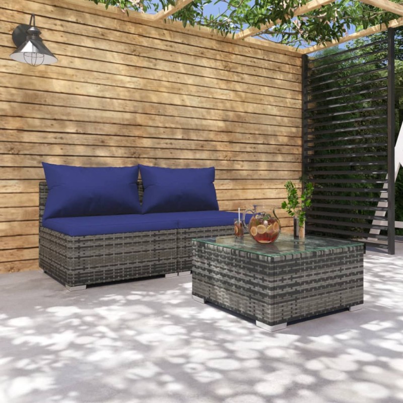 vidaXL Set de muebles de jardín 3 pzas y cojines ratán sintético gris vidaXL Set de muebles de jardín 3 pzas y cojines ratán sintético gris