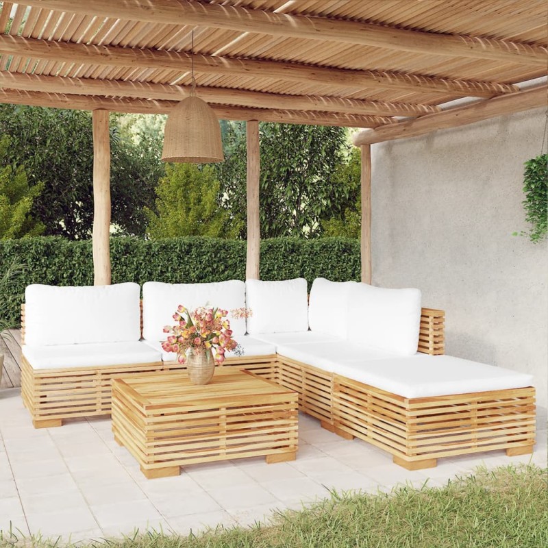 vidaXL Juego muebles de jardín 6 piezas y cojines madera maciza teca vidaXL Juego muebles de jardín 6 piezas y cojines madera maciza teca