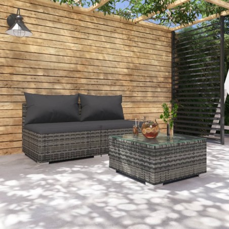 vidaXL Set de muebles de jardín 3 pzas y cojines ratán sintético gris