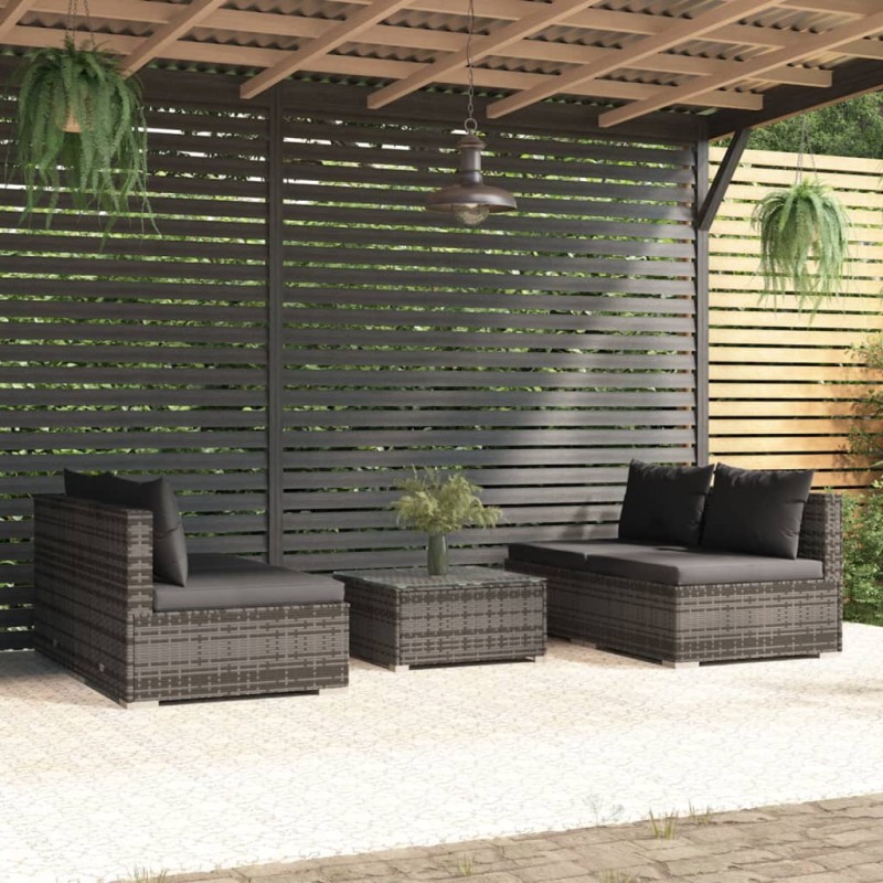 vidaXL Set de sofás de jardín 5 piezas y cojines ratán sintético gris vidaXL Set de sofás de jardín 5 piezas y cojines ratán sintético gris