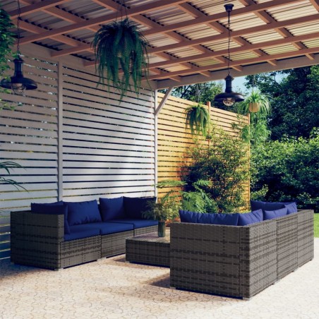 vidaXL Set de sofás de jardín 7 piezas y cojines ratán sintético gris