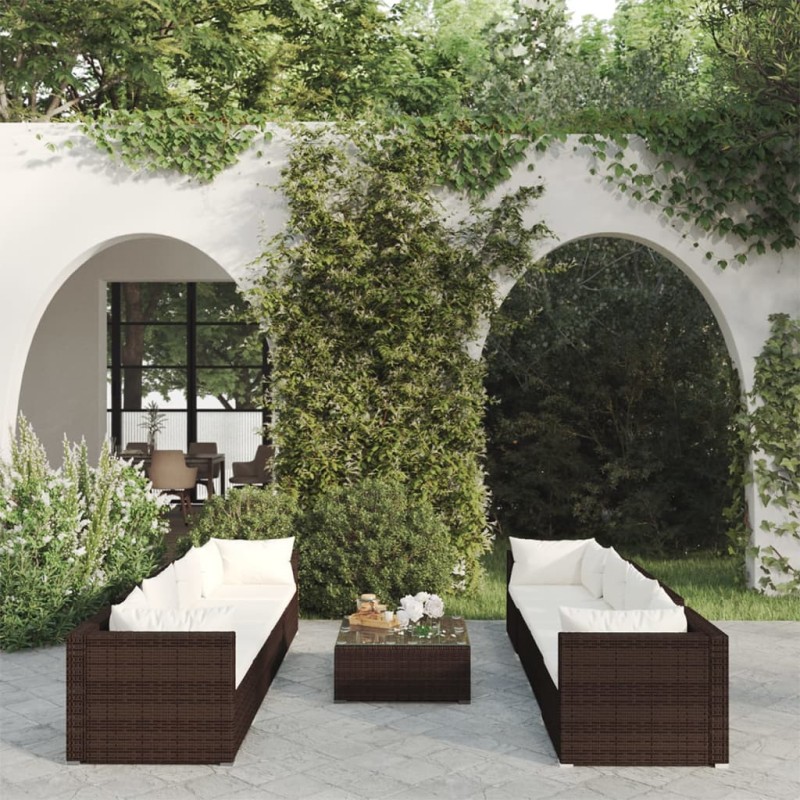 vidaXL Set muebles de jardín 9 piezas y cojines ratán sintético marrón vidaXL Set muebles de jardín 9 piezas y cojines ratán sintético marrón