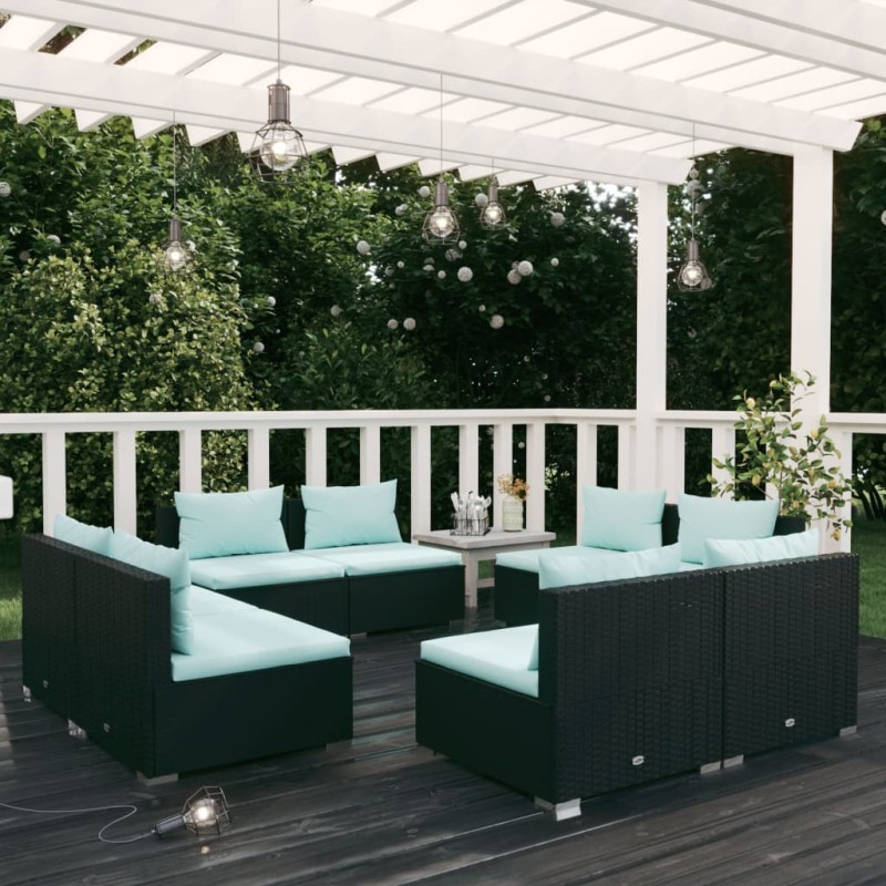 vidaXL Set de sofás de jardín 8 piezas y cojines ratán sintético negro vidaXL Set de sofás de jardín 8 piezas y cojines ratán sintético negro