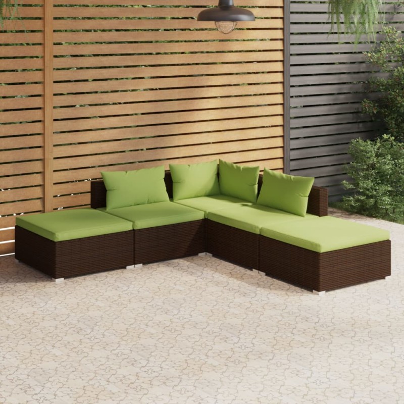 vidaXL Set sofás de jardín 5 piezas y cojines ratán sintético marrón vidaXL Set sofás de jardín 5 piezas y cojines ratán sintético marrón