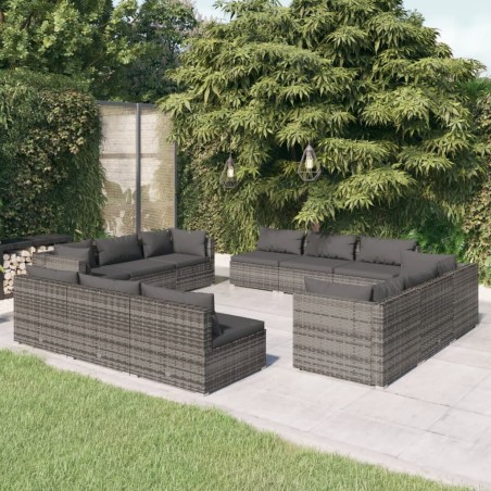 vidaXL Set de muebles de jardín 12 pzas cojines ratán sintético gris