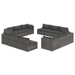 vidaXL Set de muebles de jardín 12 pzas cojines ratán sintético gris