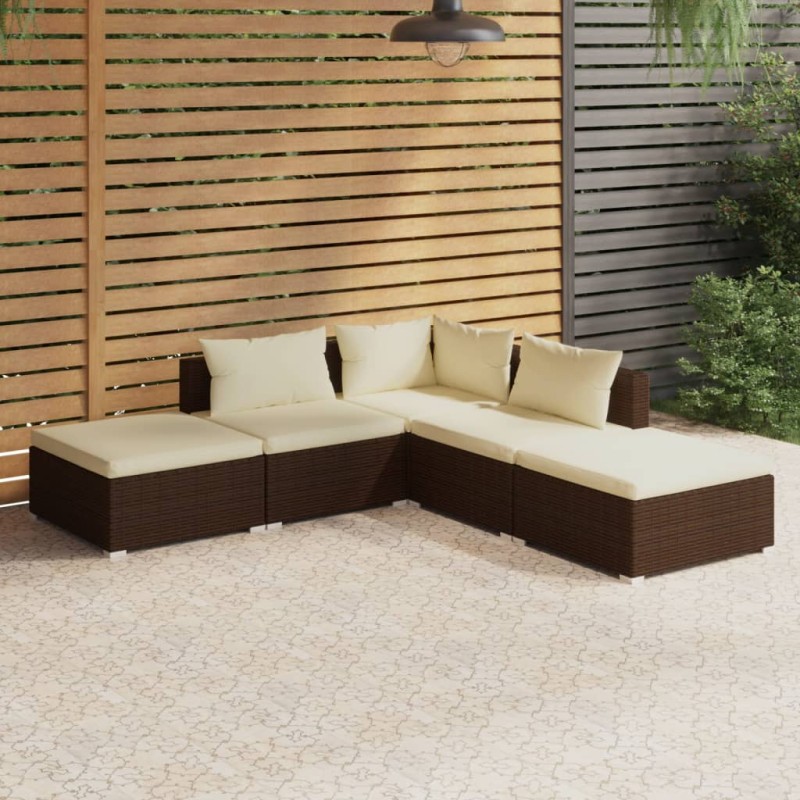 vidaXL Set muebles de jardín 5 piezas y cojines ratán sintético marrón vidaXL Set muebles de jardín 5 piezas y cojines ratán sintético marrón