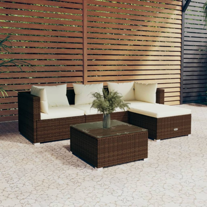 vidaXL Set muebles de jardín 5 piezas y cojines ratán sintético marrón vidaXL Set muebles de jardín 5 piezas y cojines ratán sintético marrón