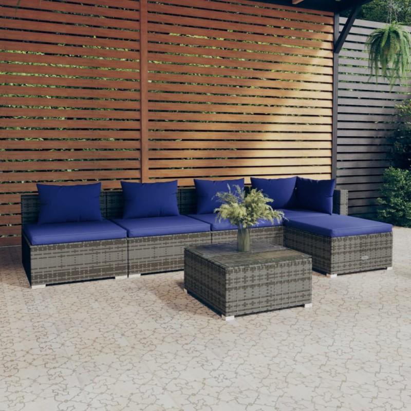 vidaXL Set de sofás de jardín 6 piezas y cojines ratán sintético gris vidaXL Set de sofás de jardín 6 piezas y cojines ratán sintético gris