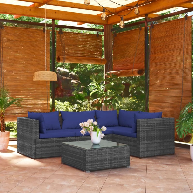 vidaXL Set de sofás de jardín 5 piezas y cojines ratán sintético gris vidaXL Set de sofás de jardín 5 piezas y cojines ratán sintético gris