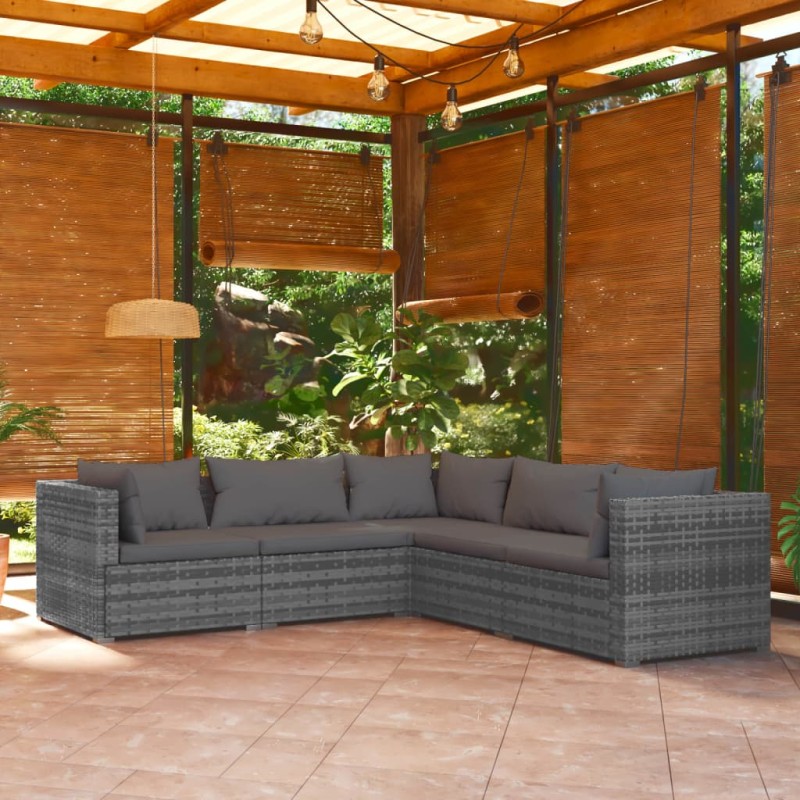 vidaXL Set de muebles de jardín 5 pzas y cojines ratán sintético gris vidaXL Set de muebles de jardín 5 pzas y cojines ratán sintético gris