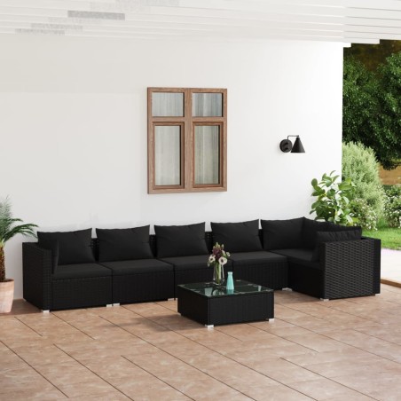 vidaXL Set de muebles de jardín 7 pzas y cojines ratán sintético negro