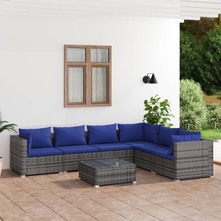 vidaXL Set de sofás de jardín 7 piezas y cojines ratán sintético gris