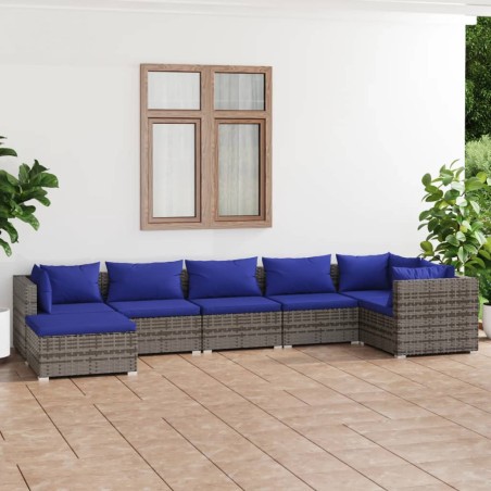vidaXL Set de sofás de jardín 7 piezas y cojines ratán sintético gris