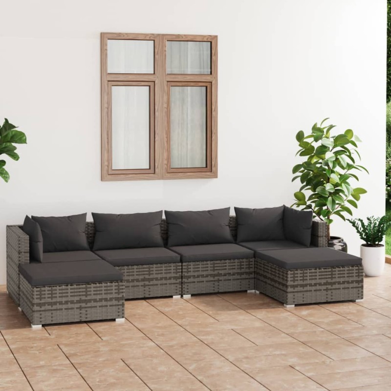 vidaXL Set de muebles de jardín 6 pzas y cojines ratán sintético gris vidaXL Set de muebles de jardín 6 pzas y cojines ratán sintético gris