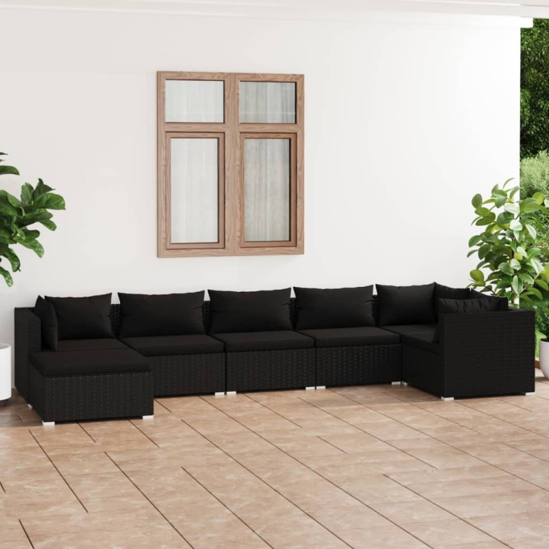 vidaXL Set de muebles de jardín 7 pzas y cojines ratán sintético negro vidaXL Set de muebles de jardín 7 pzas y cojines ratán sintético negro