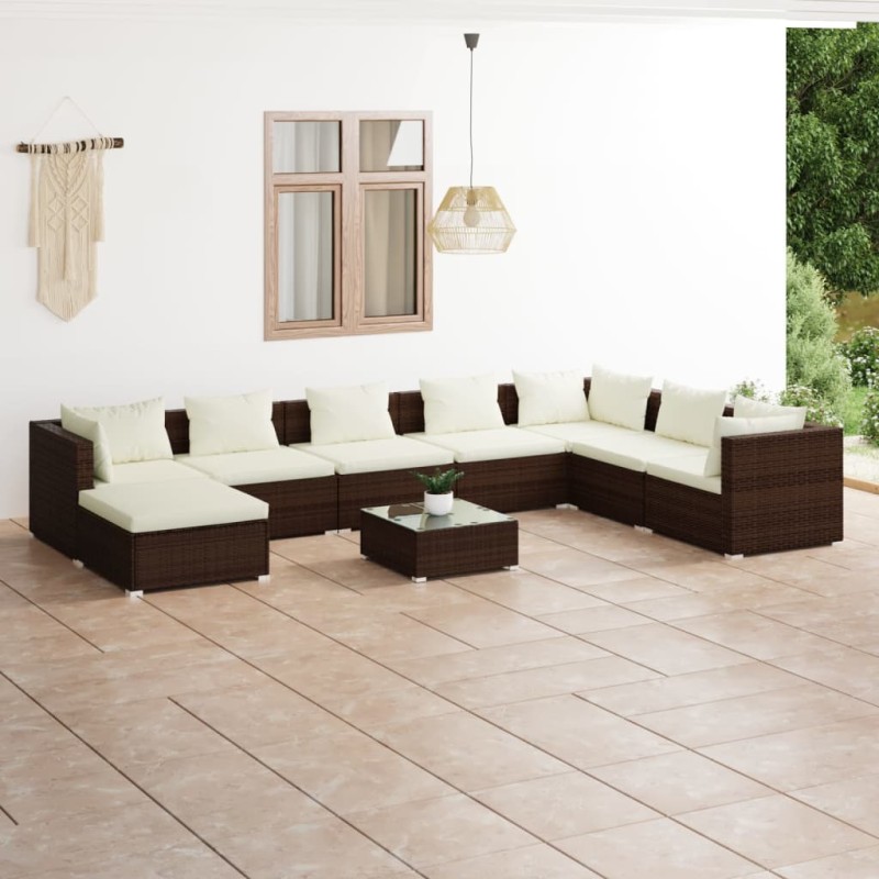 vidaXL Set muebles de jardín 9 piezas y cojines ratán sintético marrón vidaXL Set muebles de jardín 9 piezas y cojines ratán sintético marrón