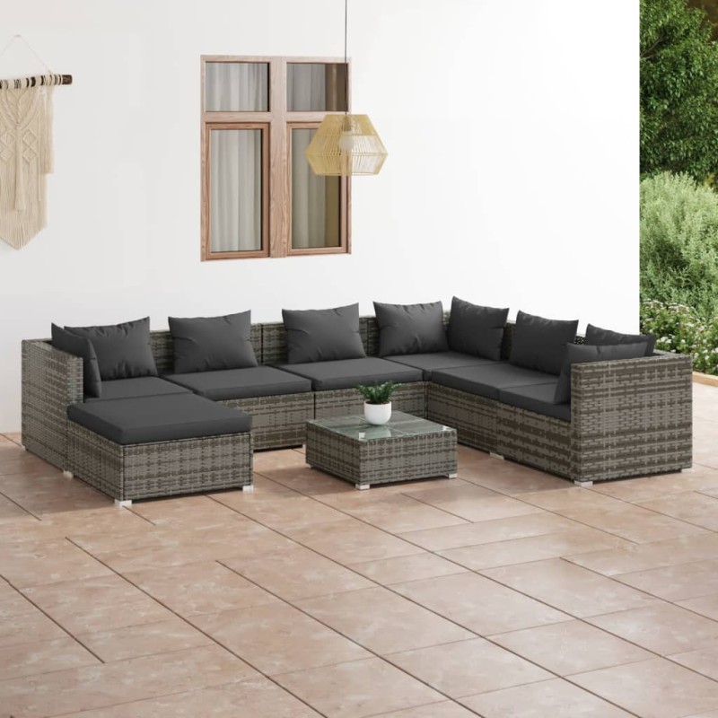 vidaXL Set de muebles de jardín 8 pzas y cojines ratán sintético gris vidaXL Set de muebles de jardín 8 pzas y cojines ratán sintético gris