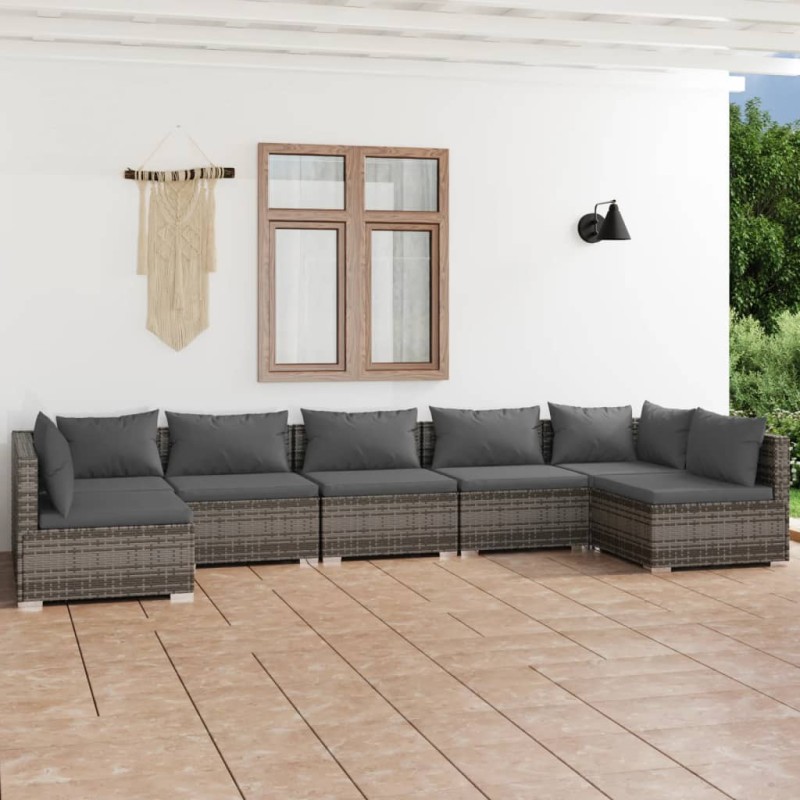 vidaXL Set de muebles de jardín 7 pzas y cojines ratán sintético gris vidaXL Set de muebles de jardín 7 pzas y cojines ratán sintético gris