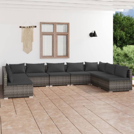 vidaXL Set de muebles de jardín 9 pzas y cojines ratán sintético gris