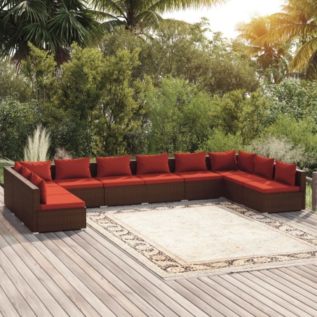 vidaXL Set muebles de jardín 10 pzas y cojines ratán sintético marrón