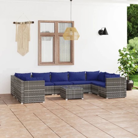 vidaXL Set de muebles de jardín 10 pzas y cojines ratán sintético gris