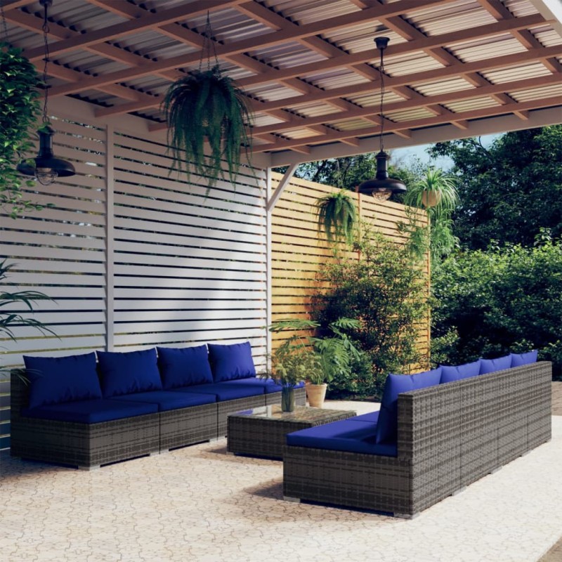 vidaXL Set de muebles de jardín 9 pzas y cojines ratán sintético gris vidaXL Set de muebles de jardín 9 pzas y cojines ratán sintético gris