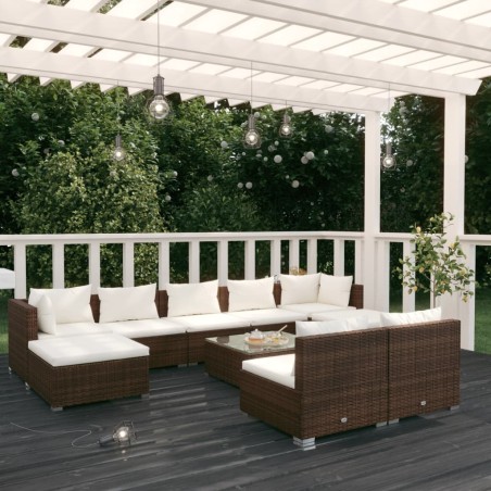 vidaXL Set muebles de jardín 10 pzas y cojines ratán sintético marrón